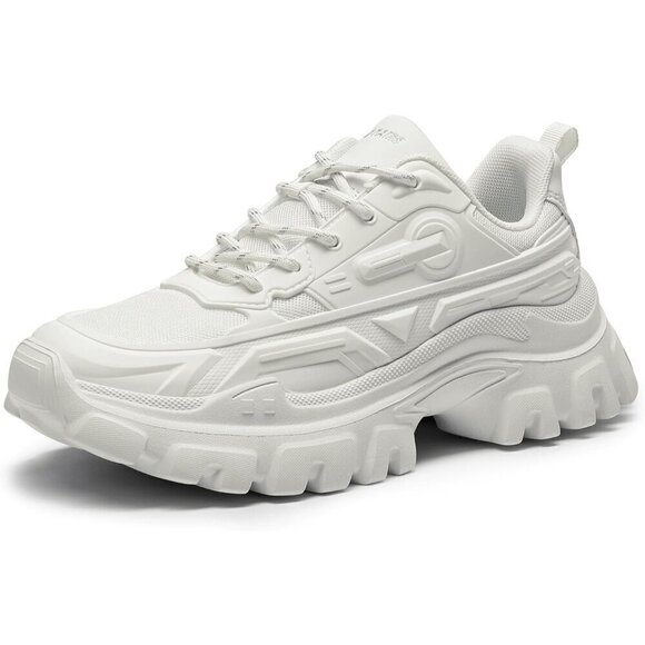 Women White Chunky Fashion Sneakers Bold Lace-Up Comfortable Sneakers - Picture 1 of 9